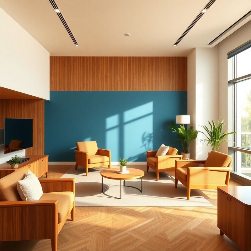 Vedere de ansamblu asupra unui birou modern de consultanță financiară cu perete accent azur și mobilier din lemn cald